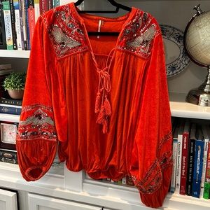 Free people - velvet embroidered orange top - size medium